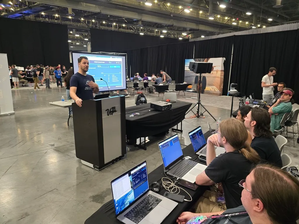 Instructor presenting to a classroom of students working on laptops in a live lab environment