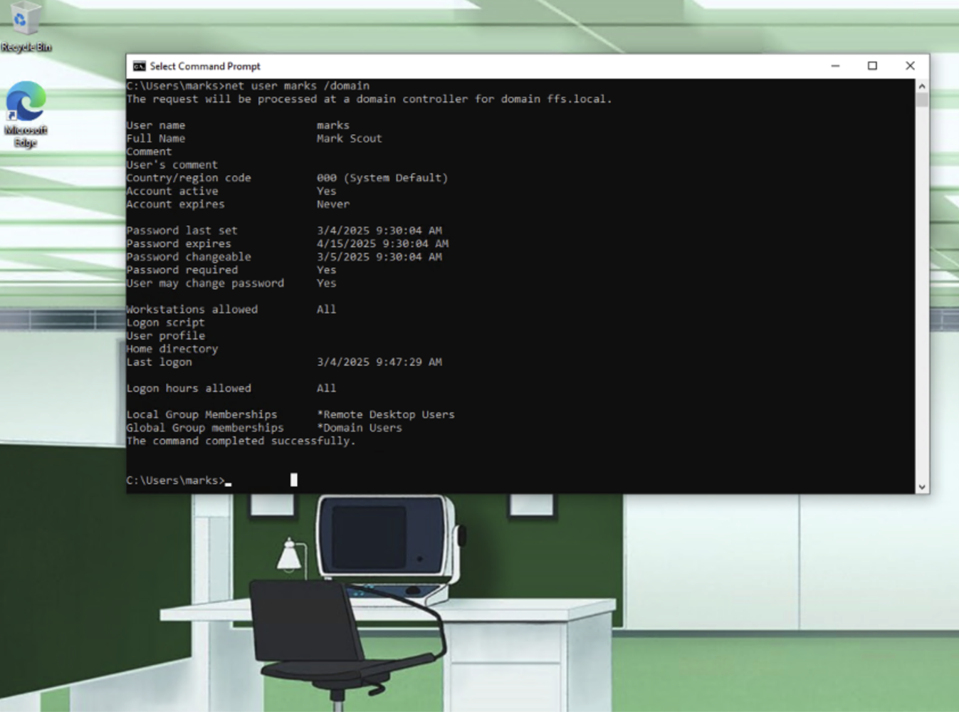 CrowdStrike EDR environment showing a domain-joined Windows host with standard user context