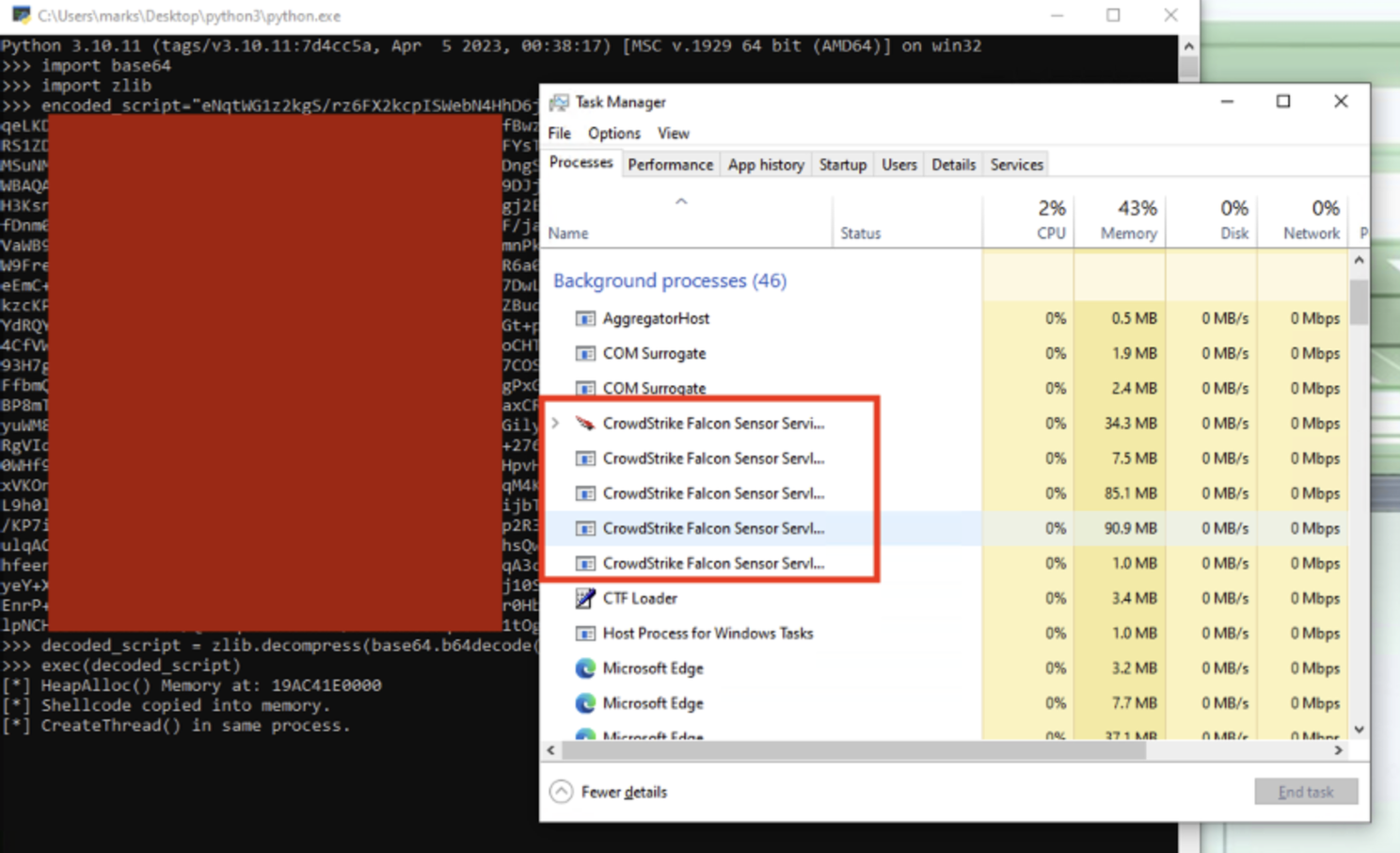 Terminal showing shellcode module execution with no CrowdStrike alert