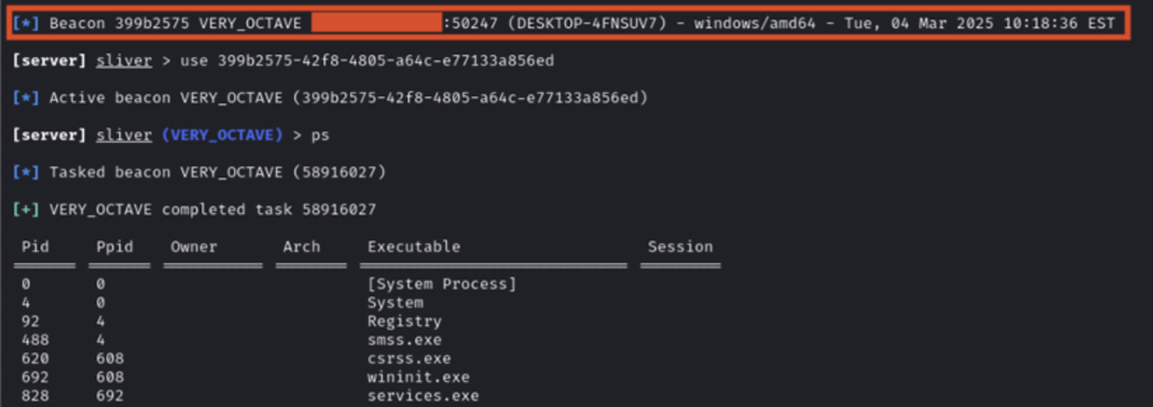 Sliver C2 showing incoming beacon connection
