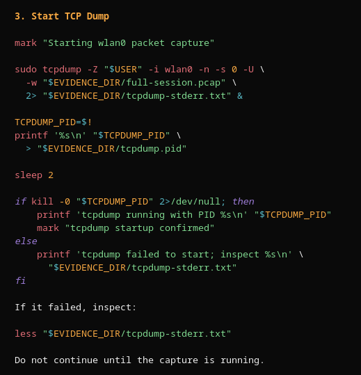 The tcpdump command used to capture the validation session.
