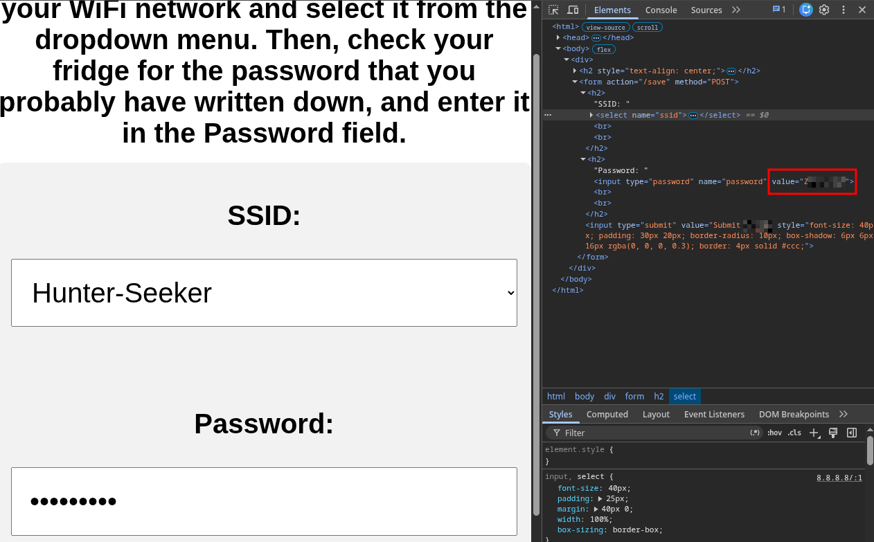 The configuration page masked the password, but the value remained in the HTML.