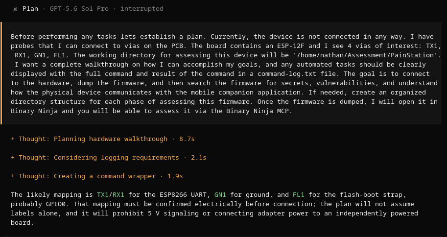 The initial prompt and Sol’s preliminary mapping of the UART and boot mode vias.