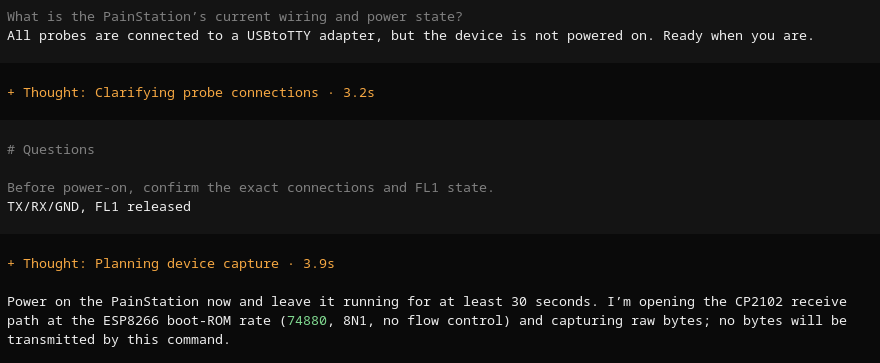 Sol confirms the wiring state before starting a receive-only UART capture.