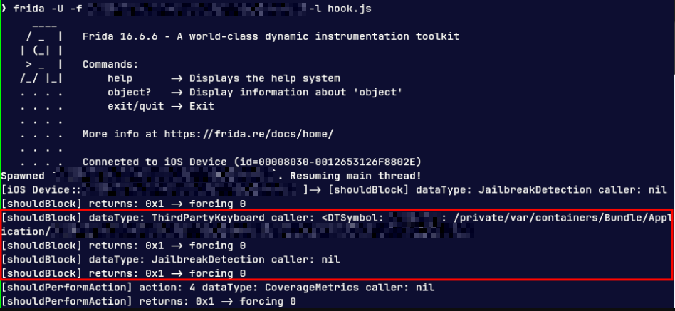 Frida hook successfully bypassing iOS protections