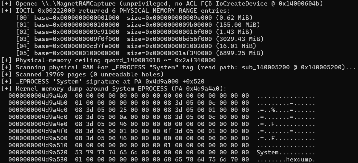 Opus 4.8 locating the SYSTEM process and displaying the surrounding physical memory.