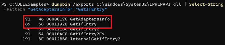 GetAdaptersInfo at ordinal 71, GetIfEntry at ordinal 89.