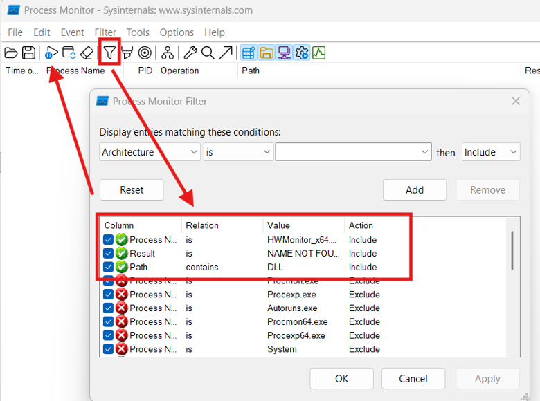 ProcMon filter dialog